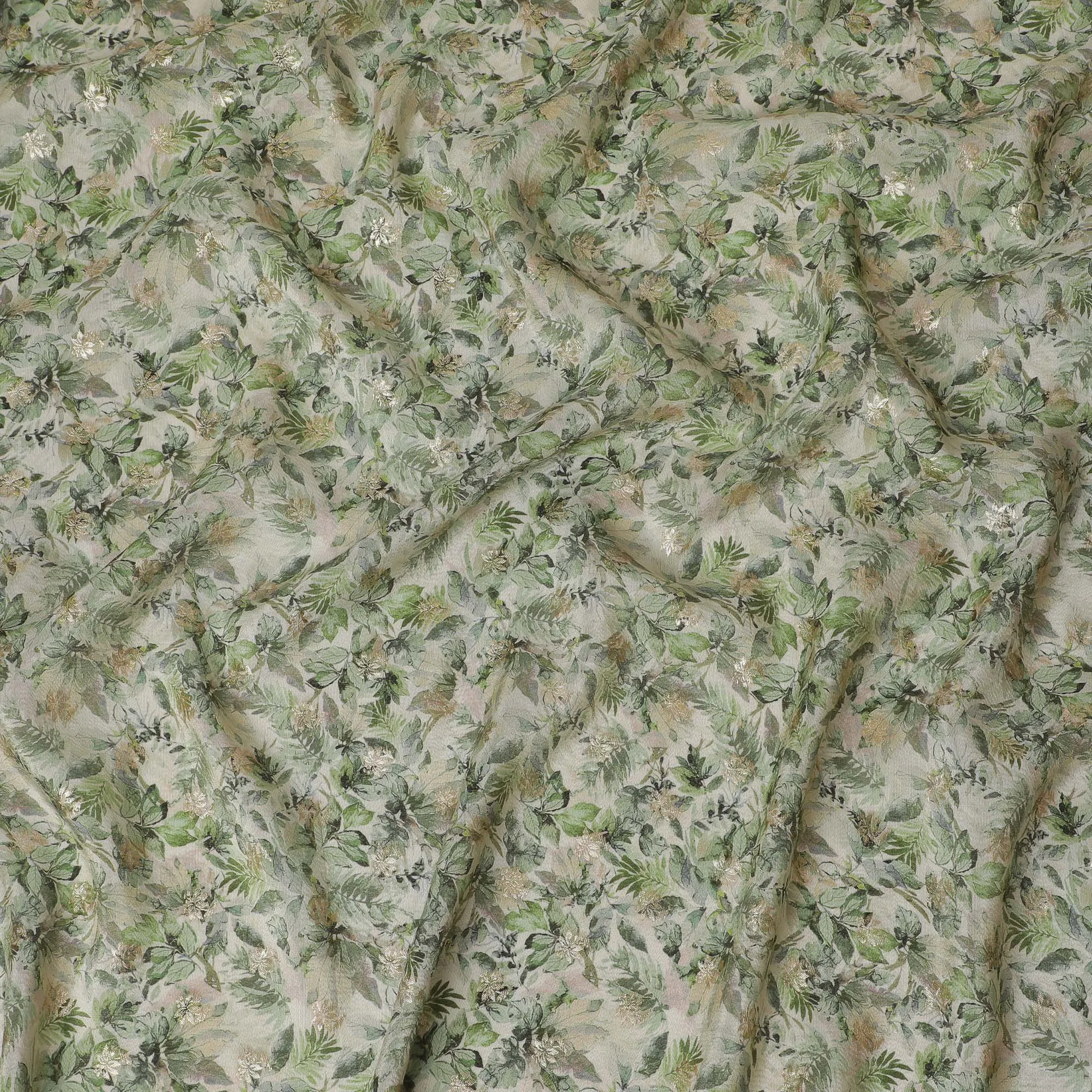 Cream & Green Leafy Viscose Digital Printed Fabric - Soft & Lightweight, 110 cm Width-D20260