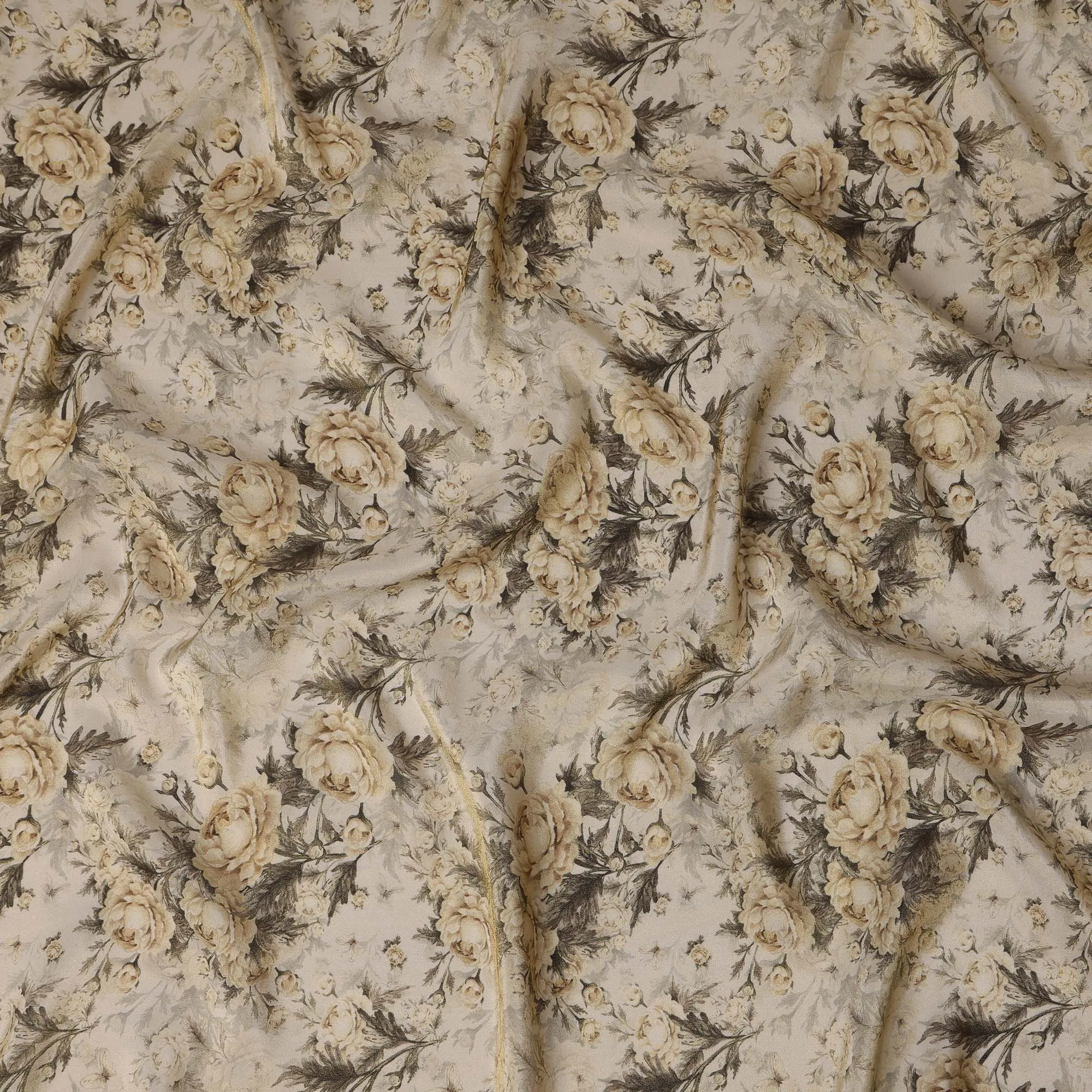 Cream Viscose Digital Printed Fabric with Metallic Finish and Floral Pattern, 110 cm Width-D21337