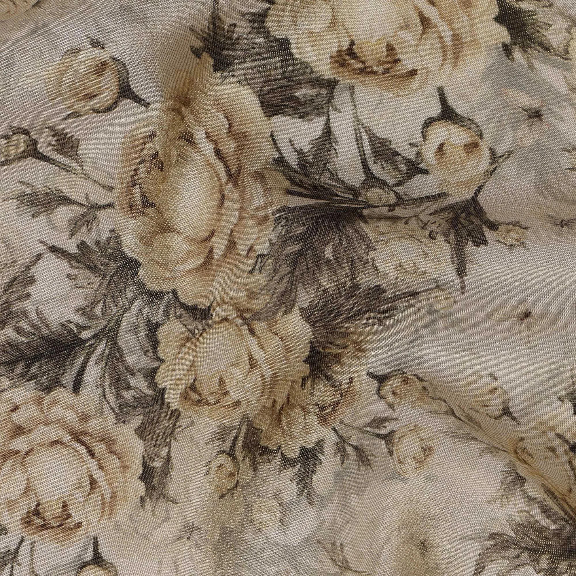 Cream Viscose Digital Printed Fabric with Metallic Finish and Floral Pattern, 110 cm Width-D21337