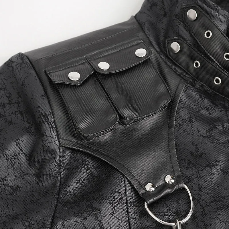 CT209 Cracked Faux Leather Men's Long Coat With Hanging Rivets studded bullet belt