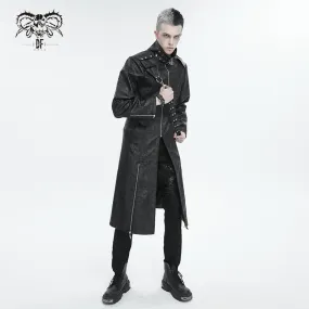 CT209 Cracked Faux Leather Men's Long Coat With Hanging Rivets studded bullet belt