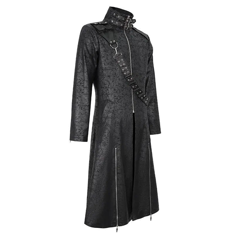 CT209 Cracked Faux Leather Men's Long Coat With Hanging Rivets studded bullet belt