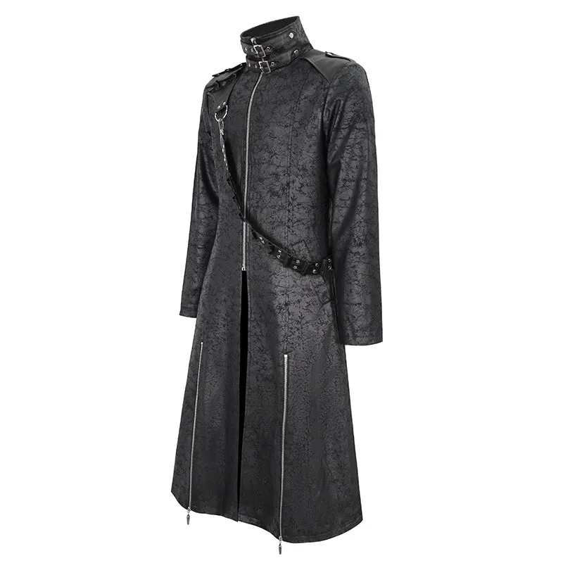 CT209 Cracked Faux Leather Men's Long Coat With Hanging Rivets studded bullet belt