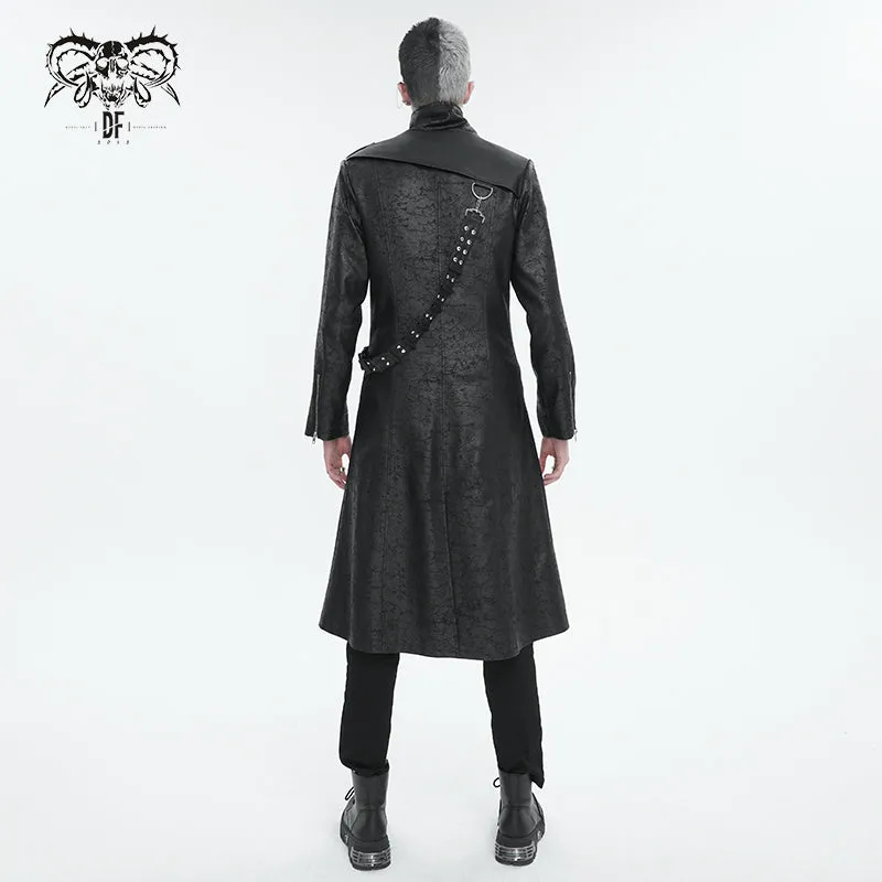 CT209 Cracked Faux Leather Men's Long Coat With Hanging Rivets studded bullet belt