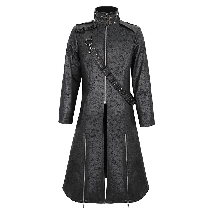 CT209 Cracked Faux Leather Men's Long Coat With Hanging Rivets studded bullet belt