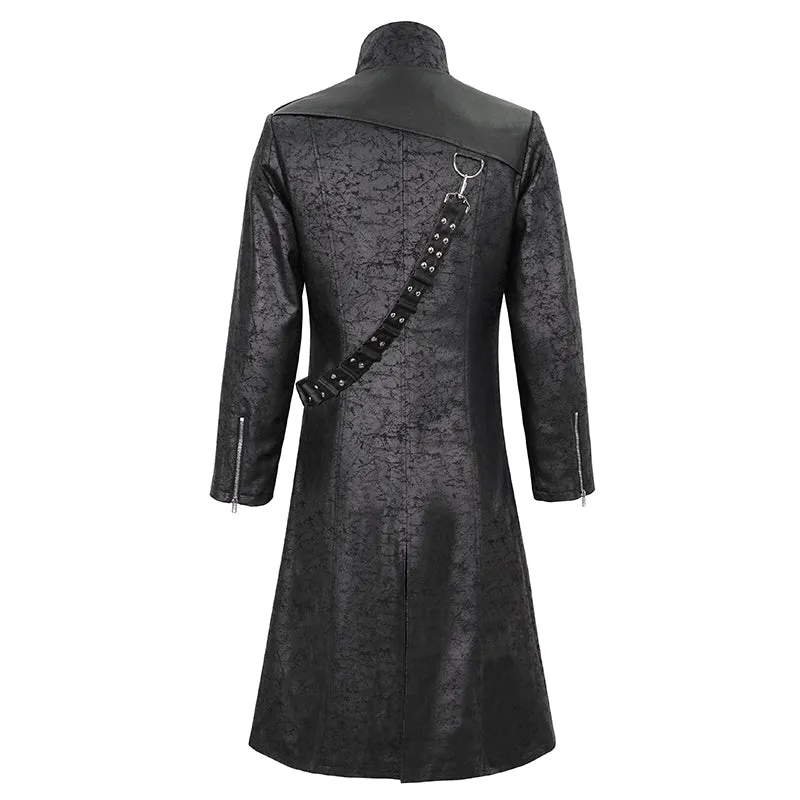 CT209 Cracked Faux Leather Men's Long Coat With Hanging Rivets studded bullet belt