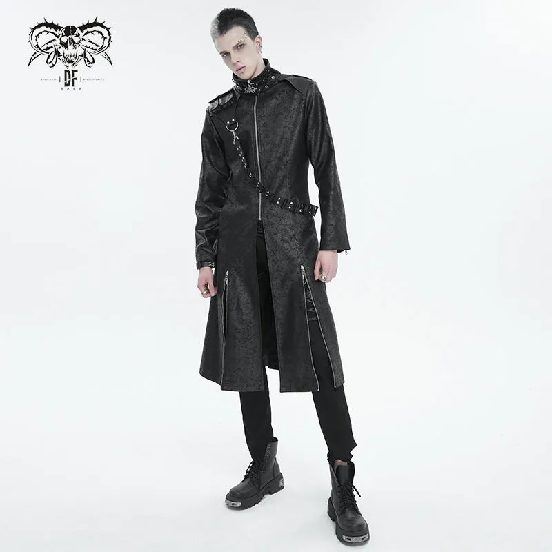 CT209 Cracked Faux Leather Men's Long Coat With Hanging Rivets studded bullet belt