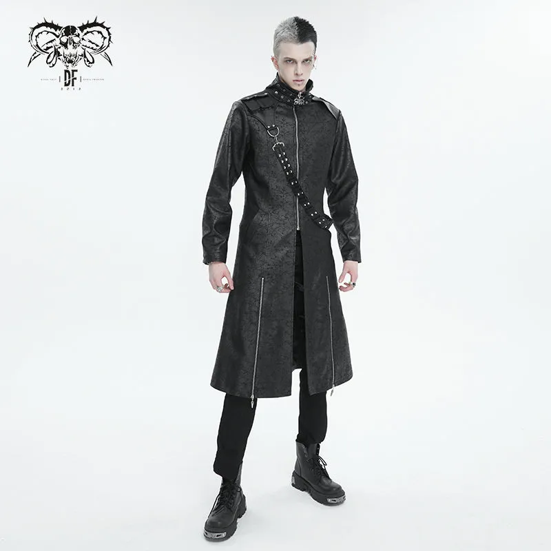 CT209 Cracked Faux Leather Men's Long Coat With Hanging Rivets studded bullet belt