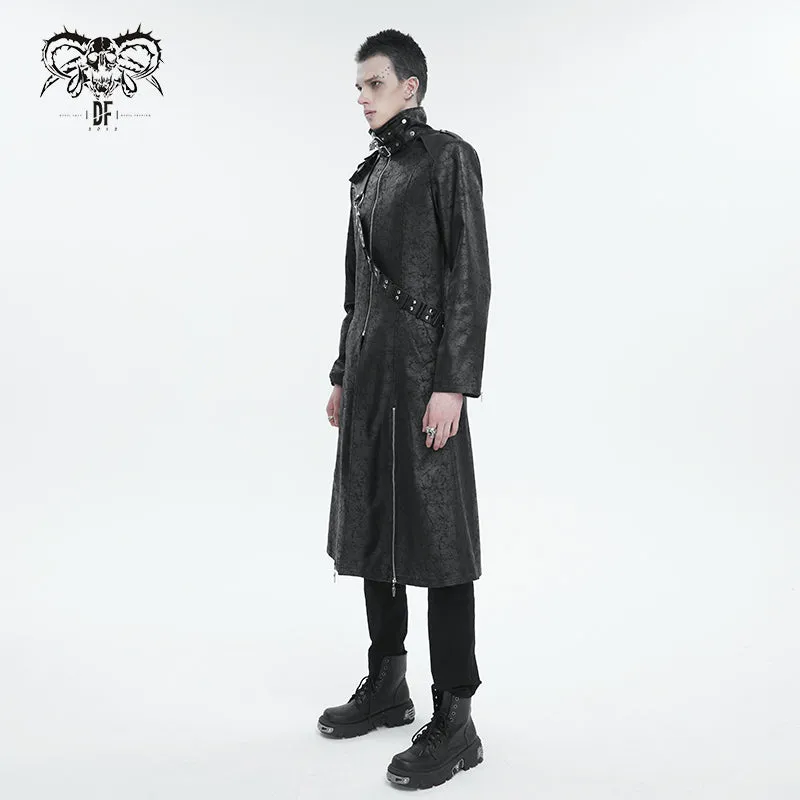 CT209 Cracked Faux Leather Men's Long Coat With Hanging Rivets studded bullet belt