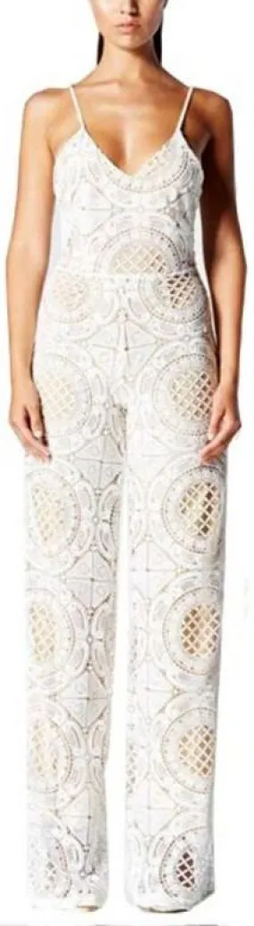 Cut-Out Lace-Macrame Sleeveless Jumpsuit-White