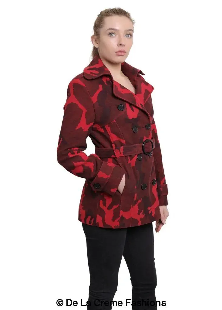 De La Creme - Womens Camo Print Double Breasted Short Coat