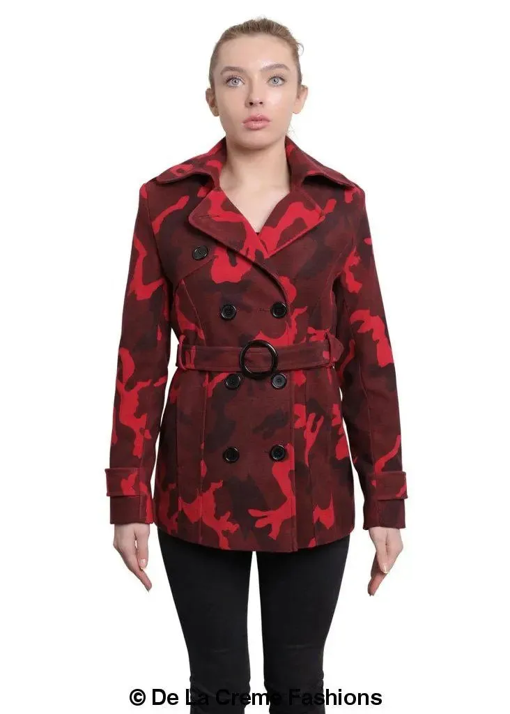 De La Creme - Womens Camo Print Double Breasted Short Coat