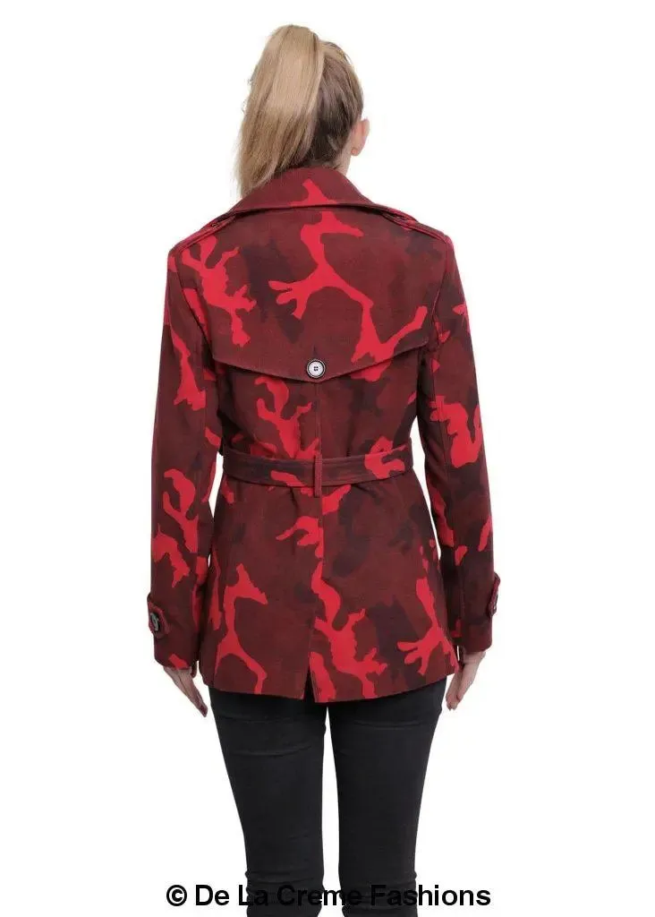 De La Creme - Womens Camo Print Double Breasted Short Coat