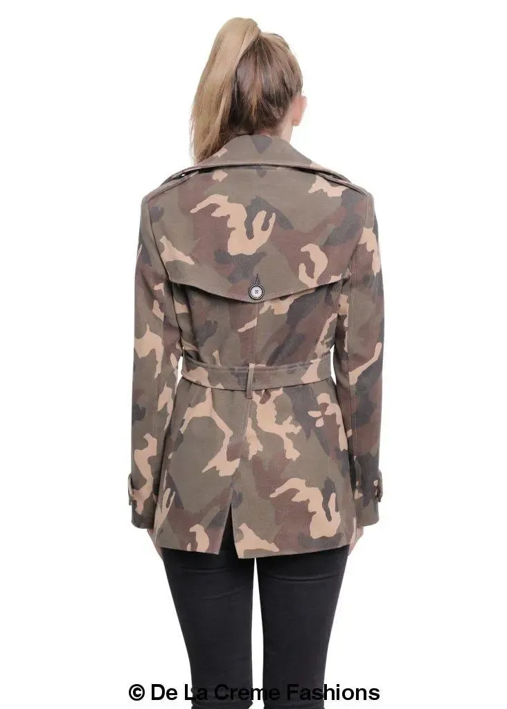 De La Creme - Womens Camo Print Double Breasted Short Coat