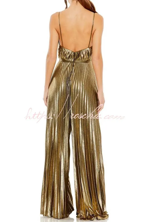 Disco Fashion Metallic Fabric Pleated Pocket Slip Wide Leg Jumpsuit