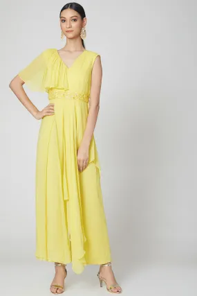 Draped Neon Yellow Jumpsuit With Embroidered Belt