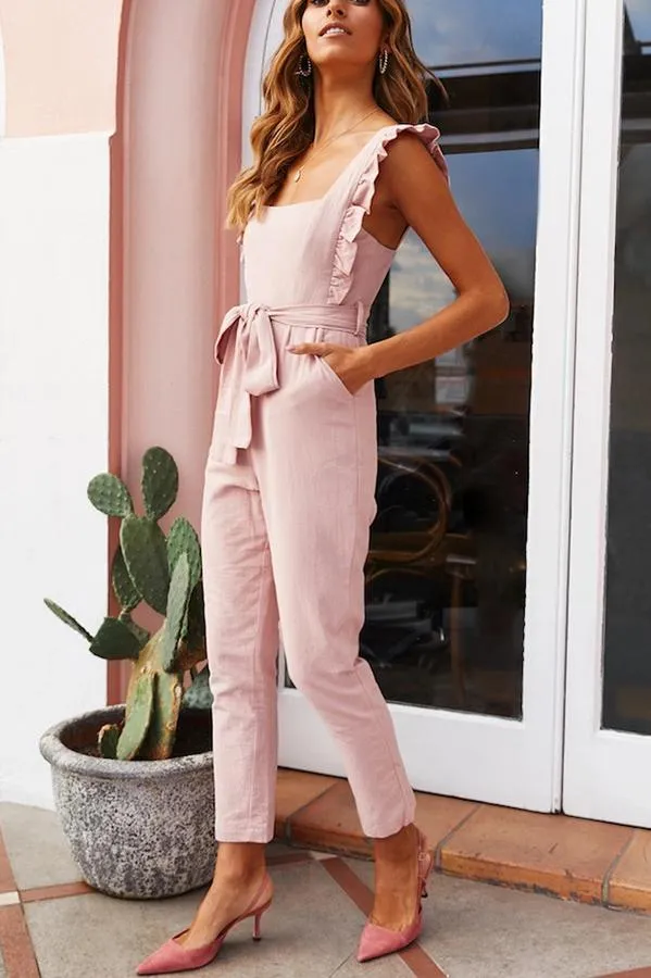 Dunnmall Sweet Solid Color Ruffle Jumpsuit