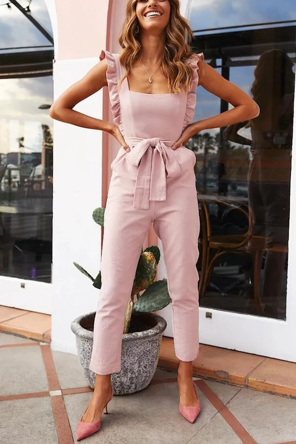 Dunnmall Sweet Solid Color Ruffle Jumpsuit