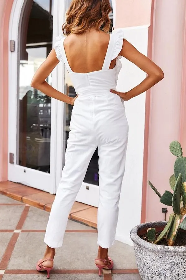 Dunnmall Sweet Solid Color Ruffle Jumpsuit