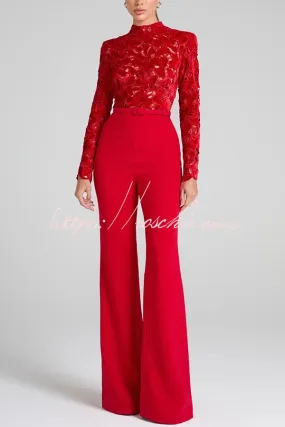 Eleanor Embroidered Floral Lace Long Sleeve Patchwork Belt Flare Jumpsuit