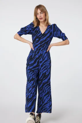 Electric Blue with Black Shadow Tiger V-Neck Jumpsuit