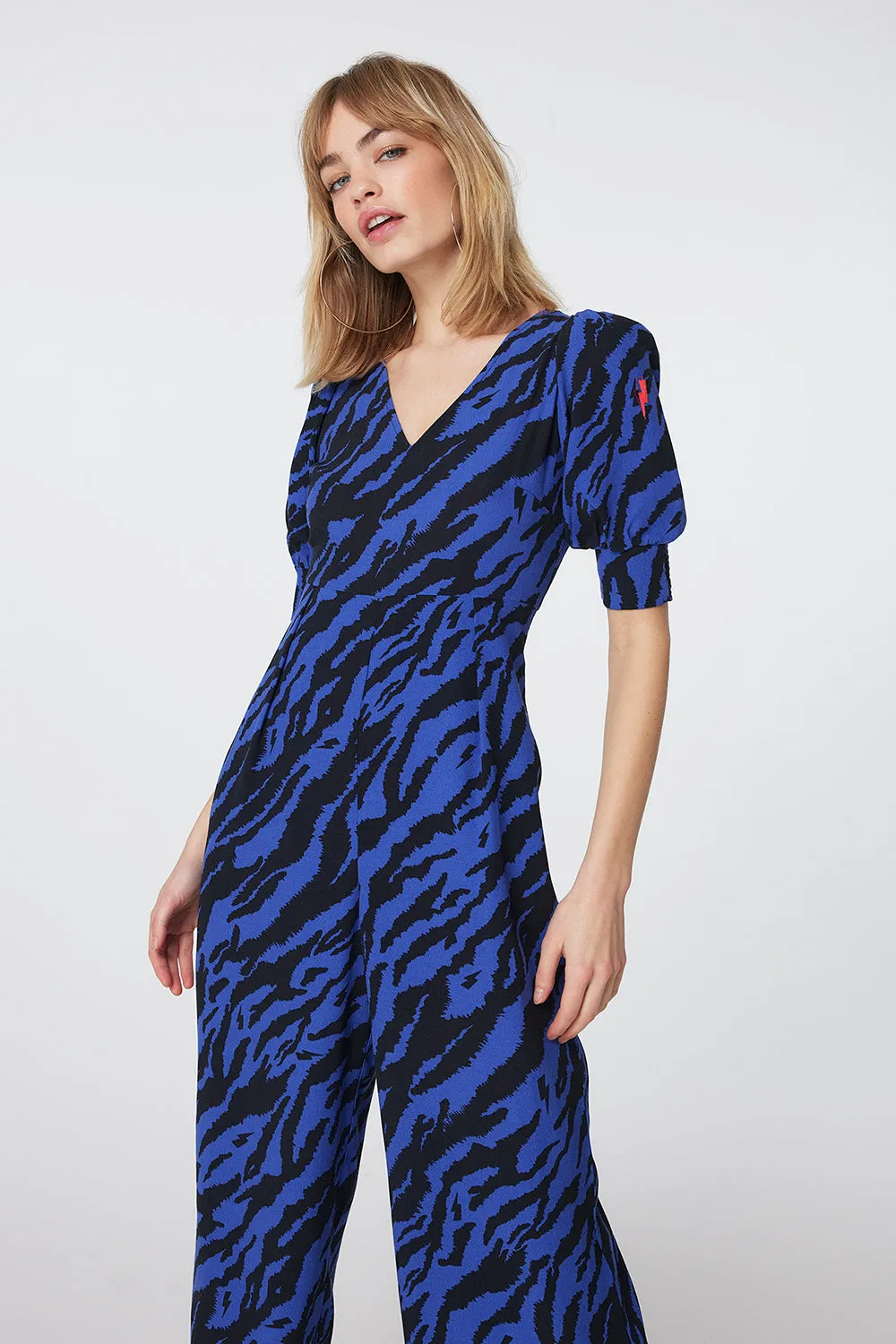 Electric Blue with Black Shadow Tiger V-Neck Jumpsuit