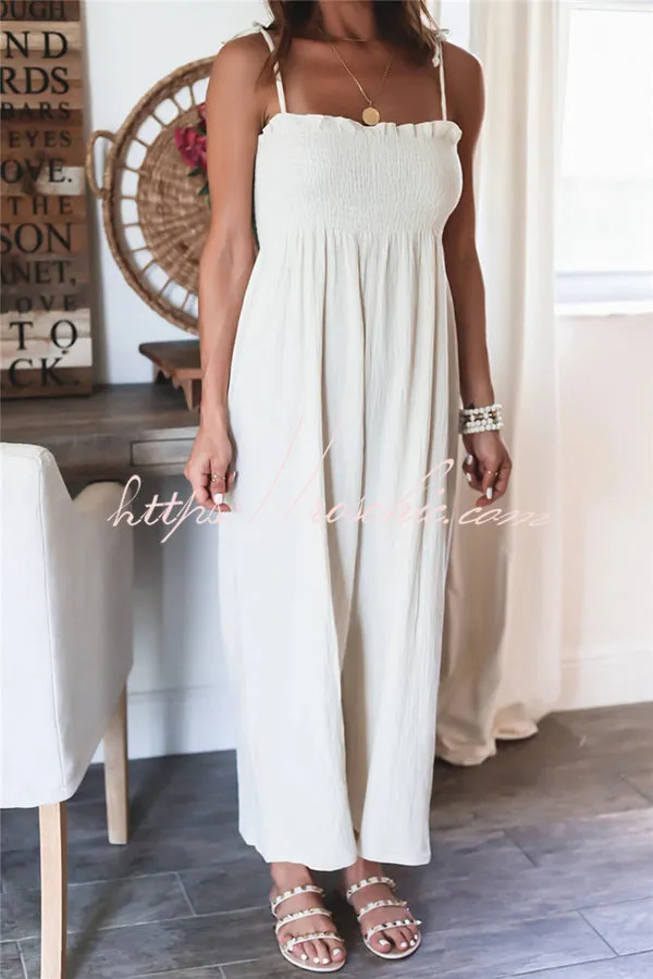 Elegant Solid Color High Waist Linen Blend Suspender Pleated Jumpsuit