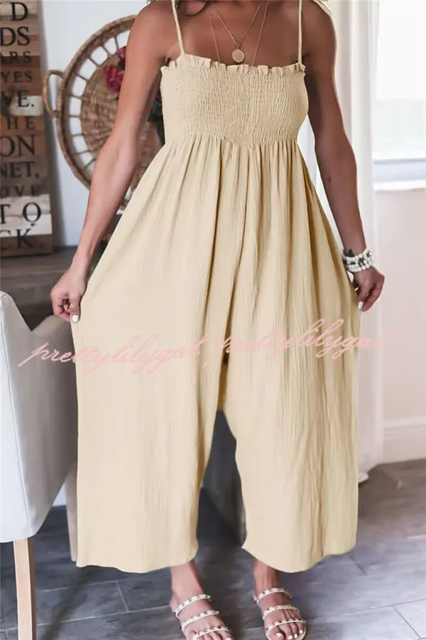 Elegant Solid Color High Waist Linen Blend Suspender Pleated Jumpsuit