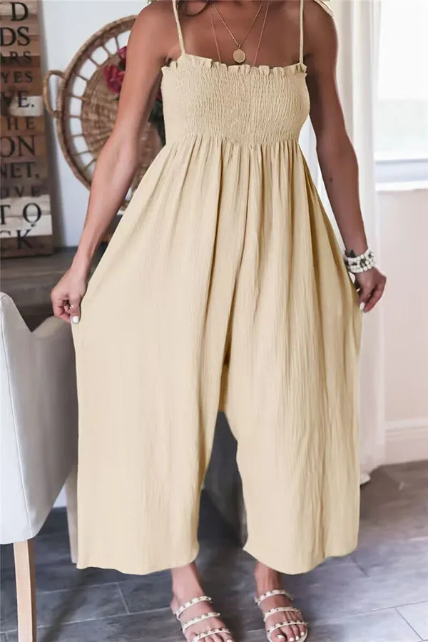 Elegant Solid Color High Waist Linen Blend Suspender Pleated Jumpsuit