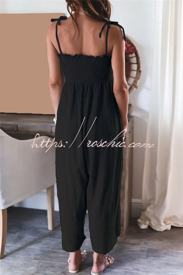 Elegant Solid Color High Waist Linen Blend Suspender Pleated Jumpsuit