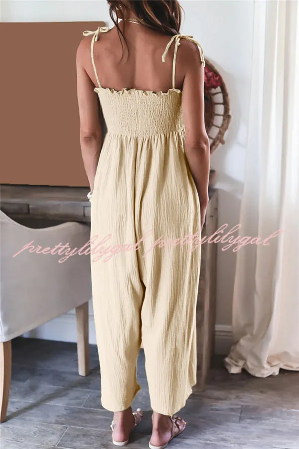 Elegant Solid Color High Waist Linen Blend Suspender Pleated Jumpsuit