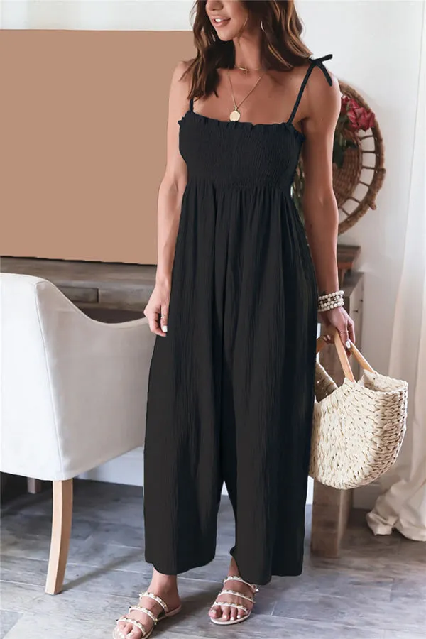 Elegant Solid Color High Waist Linen Blend Suspender Pleated Jumpsuit