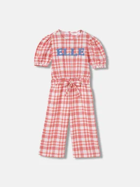 Elle Girls Coral Checked Round Neck Short Sleeves Jumpsuit