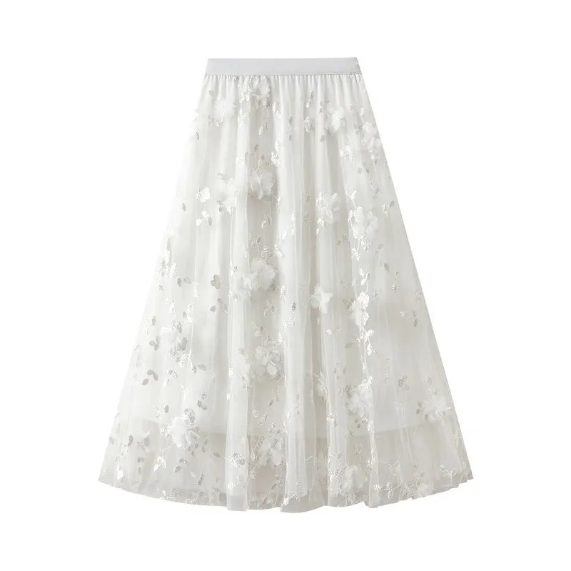 Embroidery 3D Flower High Waist A Line Tulle Dress