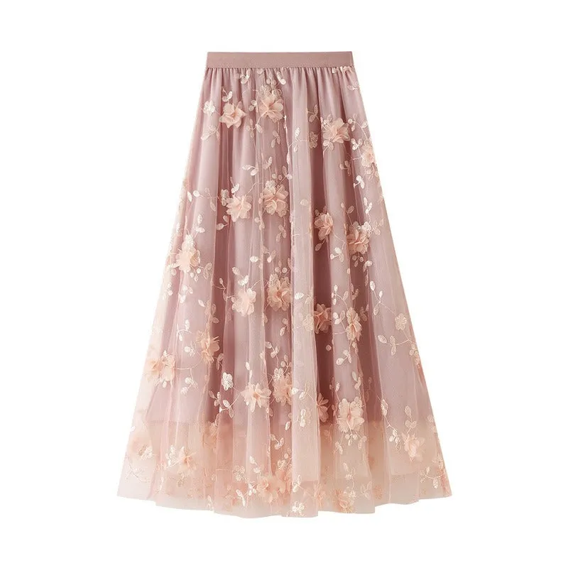 Embroidery 3D Flower High Waist A Line Tulle Dress