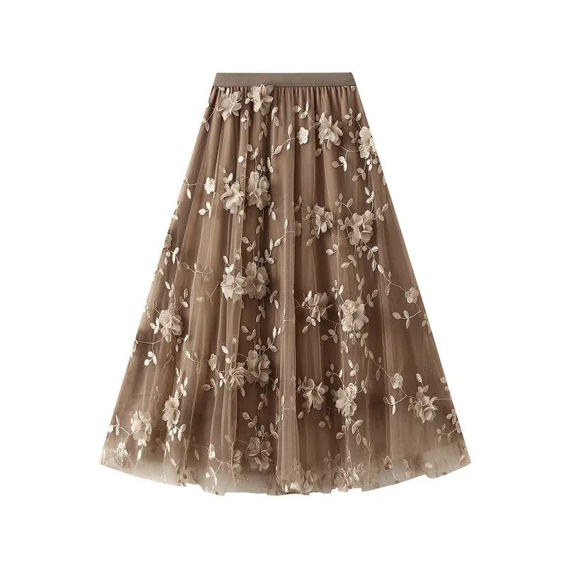 Embroidery 3D Flower High Waist A Line Tulle Dress