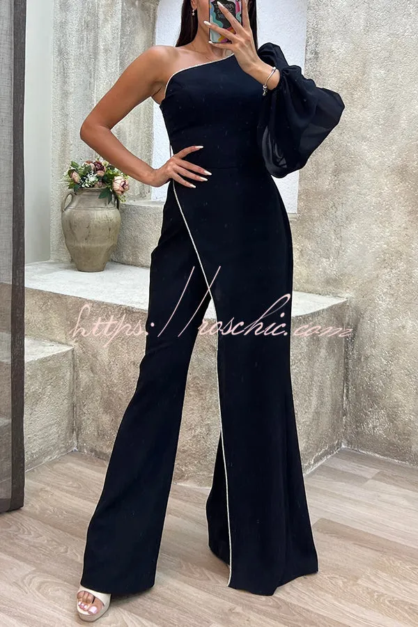 Fashion Diary Asymmetrical Design Diamond Trim One Shoulder Party Jumpsuit