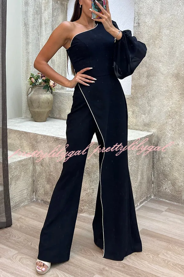 Fashion Diary Asymmetrical Design Diamond Trim One Shoulder Party Jumpsuit