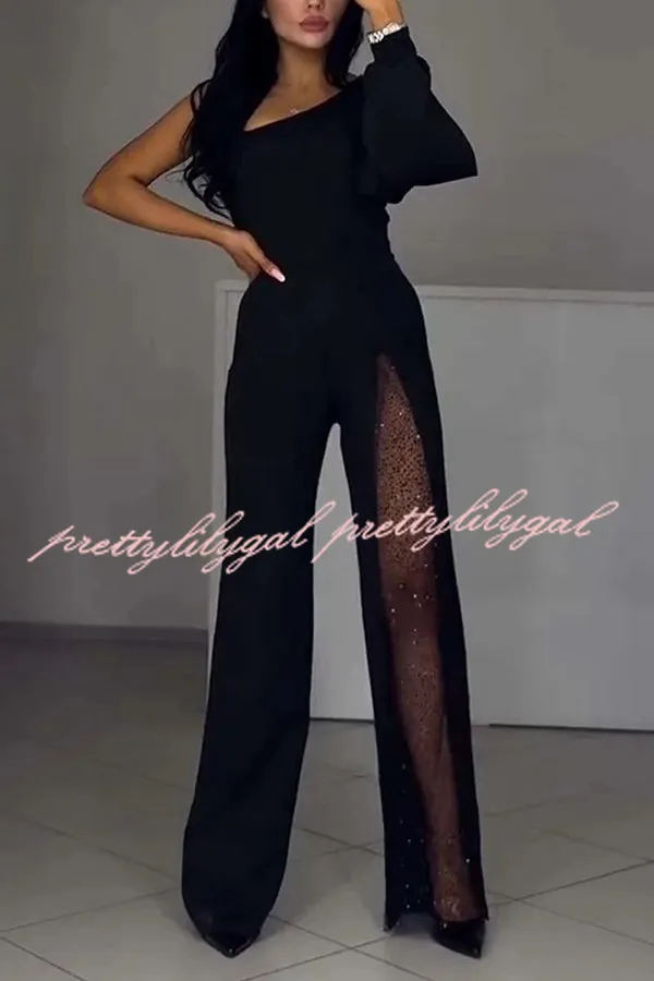 Fashionable Oblique Shoulder One-sleeve Sexy High Slit Slim Jumpsuit