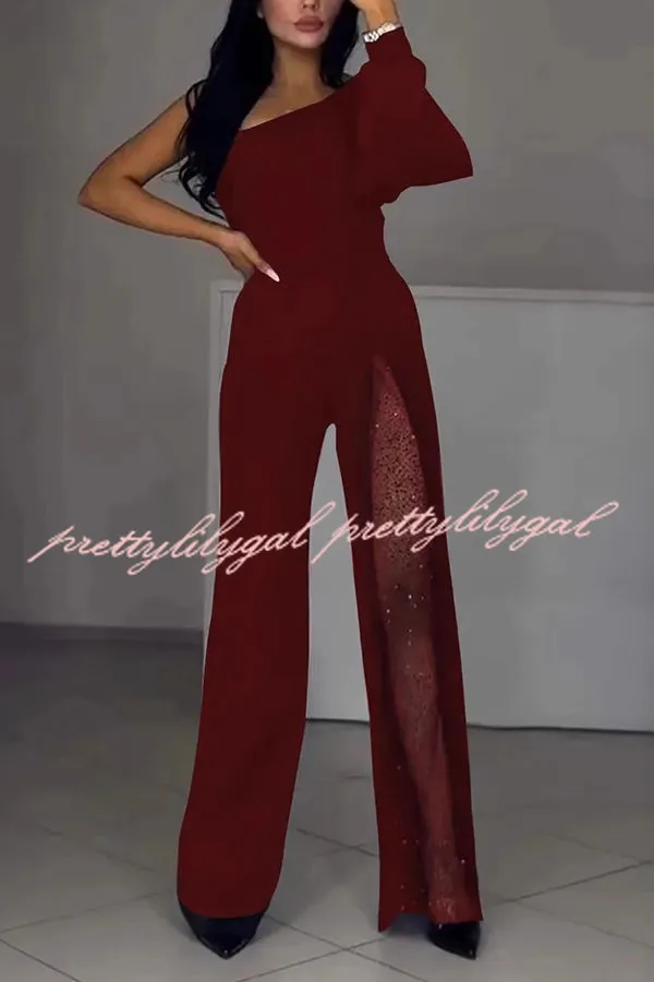 Fashionable Oblique Shoulder One-sleeve Sexy High Slit Slim Jumpsuit