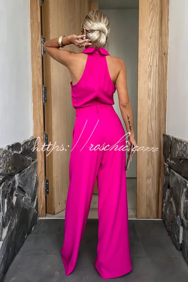 Fashionable Unique Look Halter Shirt Collar Pocketed Wide Leg Jumpsuit