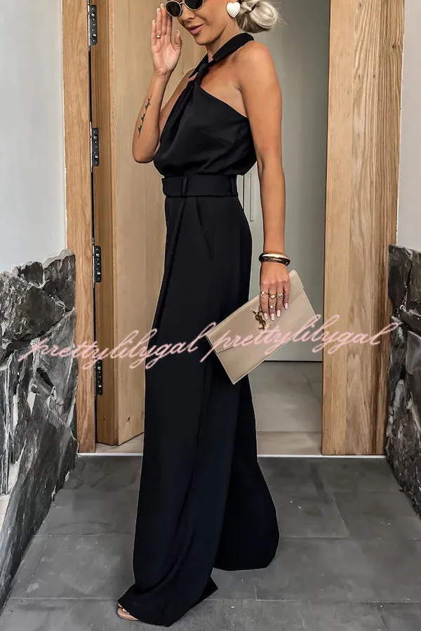 Fashionable Unique Look Halter Shirt Collar Pocketed Wide Leg Jumpsuit