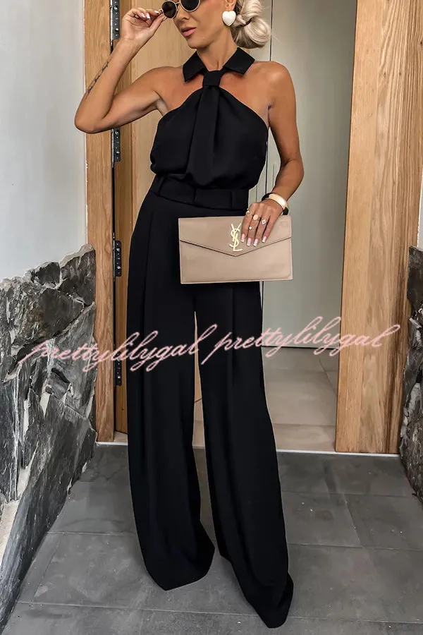 Fashionable Unique Look Halter Shirt Collar Pocketed Wide Leg Jumpsuit