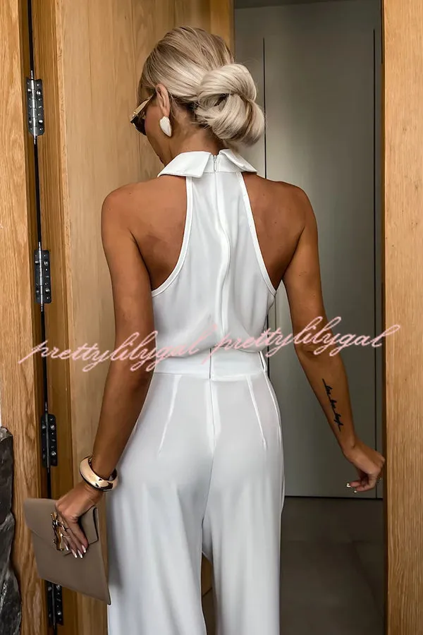 Fashionable Unique Look Halter Shirt Collar Pocketed Wide Leg Jumpsuit