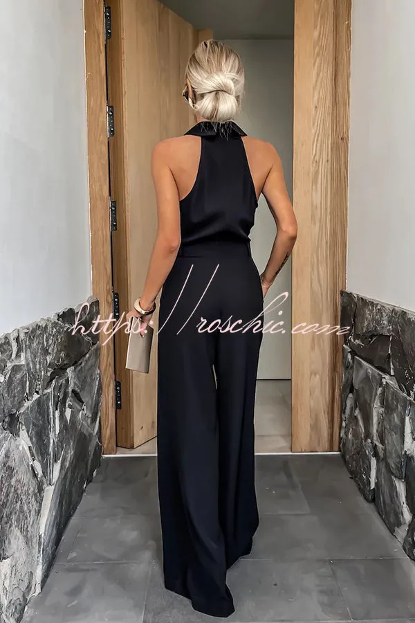 Fashionable Unique Look Halter Shirt Collar Pocketed Wide Leg Jumpsuit