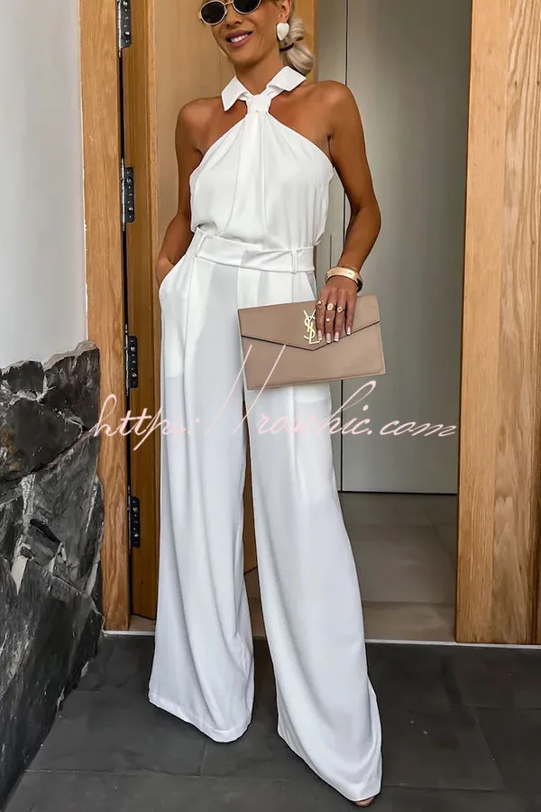 Fashionable Unique Look Halter Shirt Collar Pocketed Wide Leg Jumpsuit