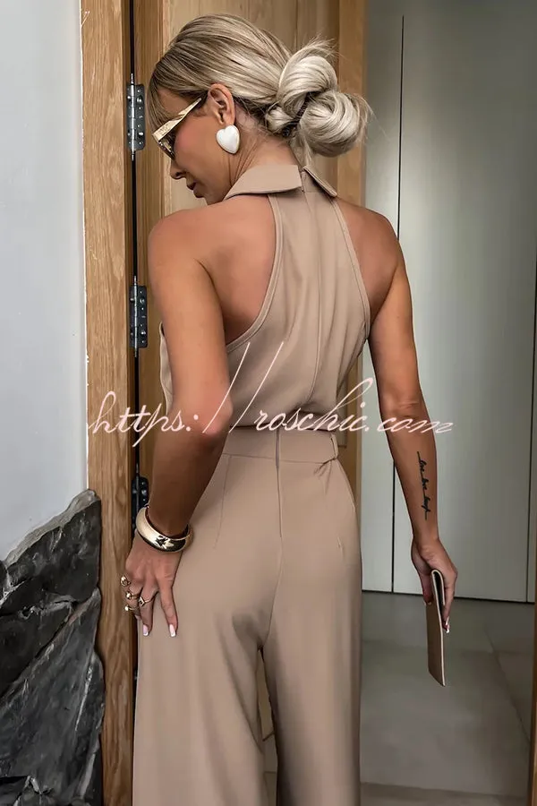 Fashionable Unique Look Halter Shirt Collar Pocketed Wide Leg Jumpsuit