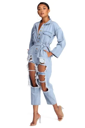 Feeling Fierce Distressed Denim Jumpsuit