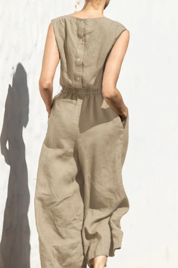 Fern Linen Blend Pocketed Button Back Elastic Waist Jumpsuit