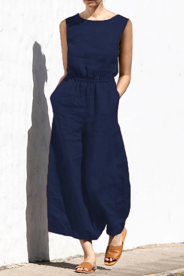 Fern Linen Blend Pocketed Button Back Elastic Waist Jumpsuit